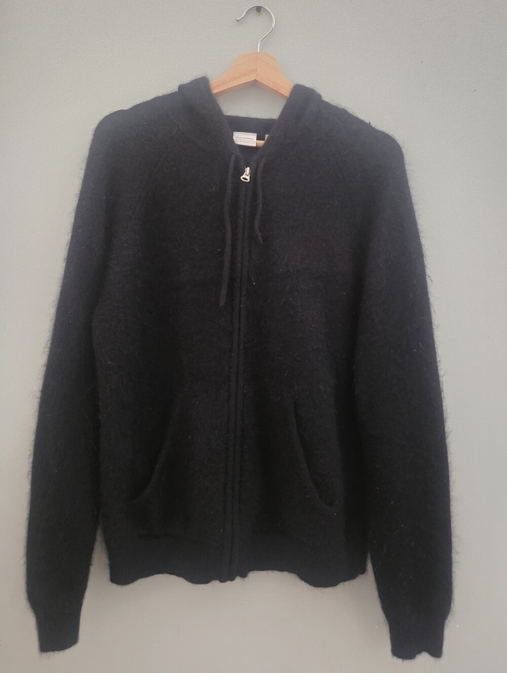 Isaac Mizrahi Black Angora Blend Full Zip Hooded Sweater Cardigan Minimalist XL